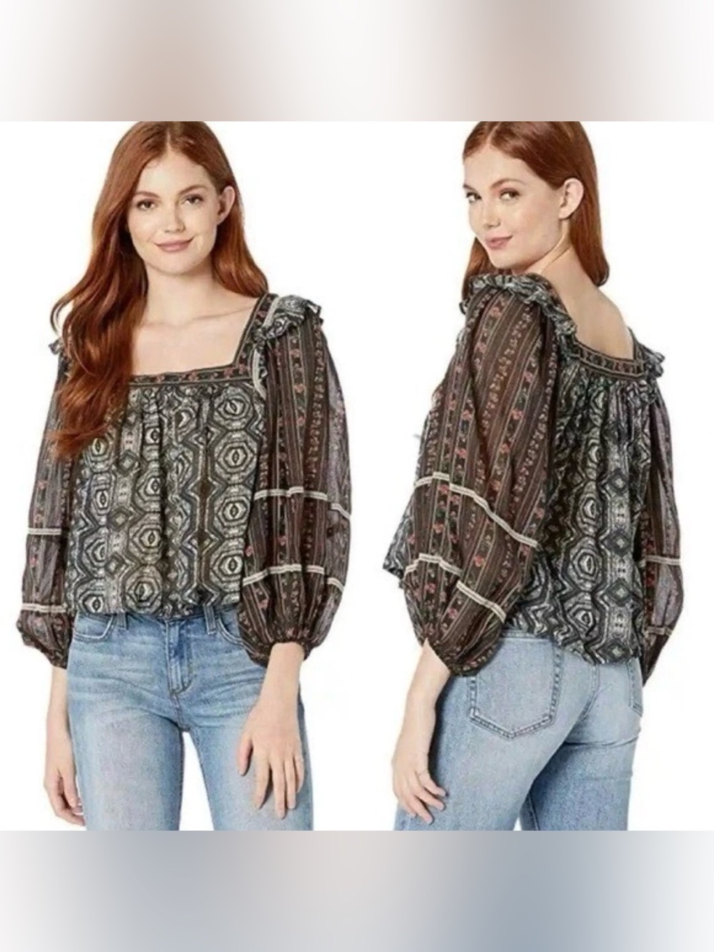 Free People Mostly Meadow Boho Peasant Cotton Gauze Blouse XS /S